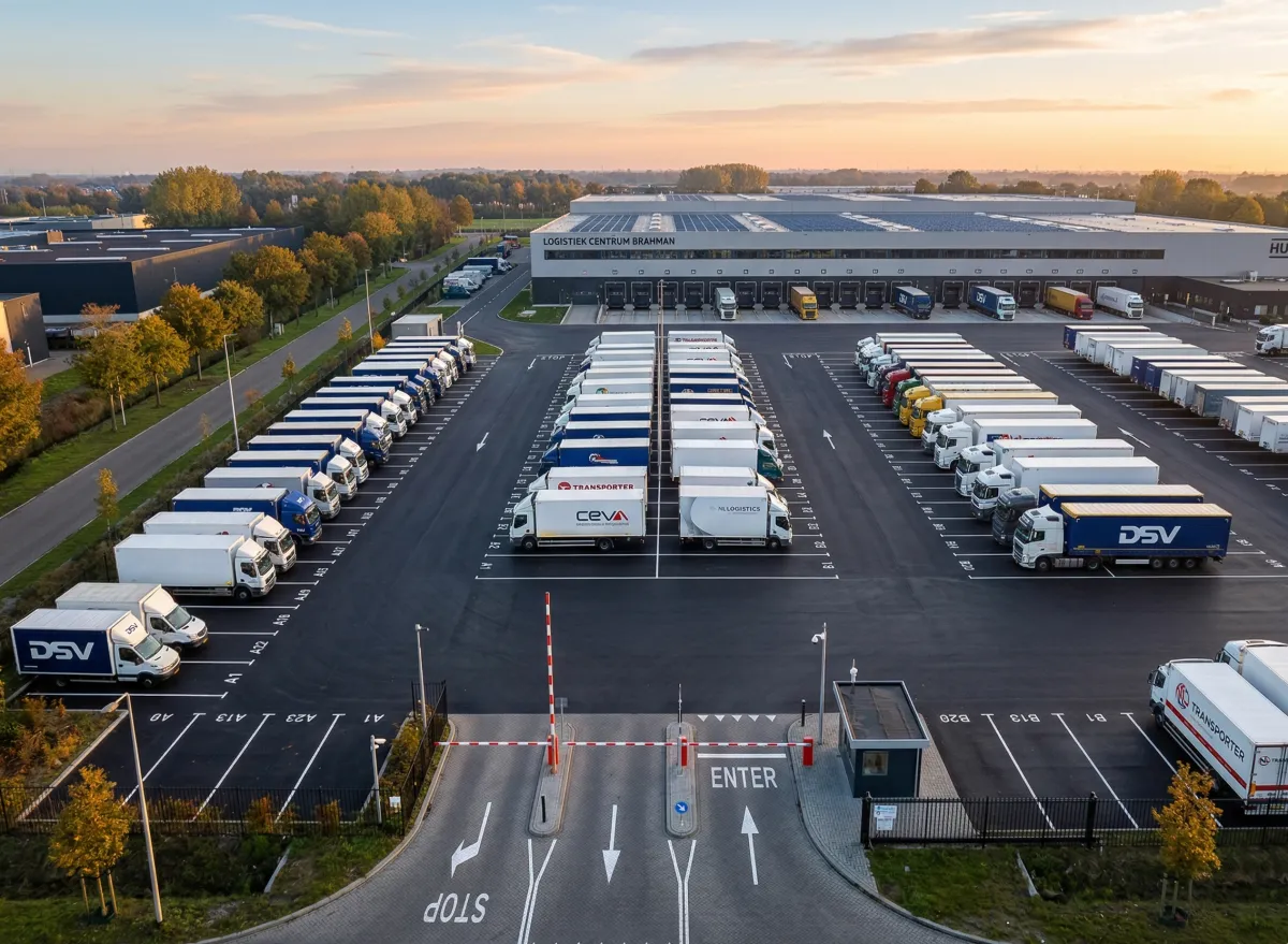 Distributiecentrum met vrachtwagens